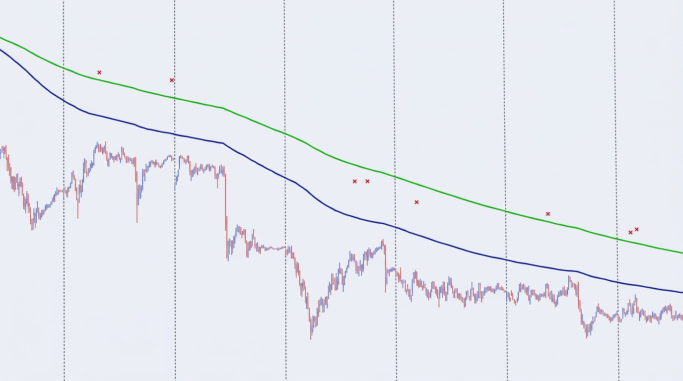 Indicator on a falling Forex chart with moving averages above price and red signal markers