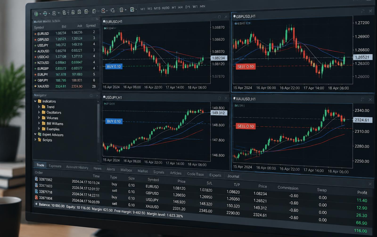 Automated Forex trading dashboard showing several currency pairs